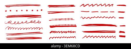 Chalk red underline lines. Charcoal texture lines set isolated on white background. Scribble crayon lines vector set. Grunge different chalk strokes, crayon drawing dividers. Red horizontal lines Stock Vector
