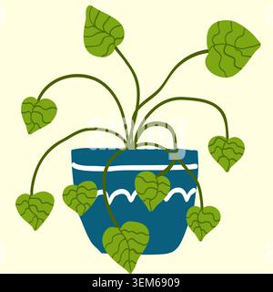 Potted houseplant with heart shaped leaves and curved stems. Simple botanical illustration in flat hand drawn style Stock Vector