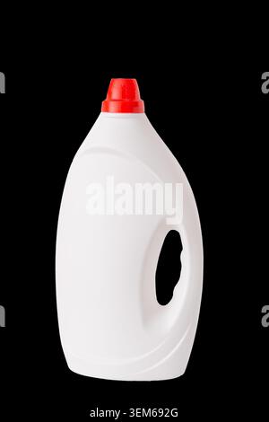 White Plastic Detergent Bottle with Red Cap isolated black background, Empty Mockup Container for Liquid Laundry Gel Soap. Stock Photo