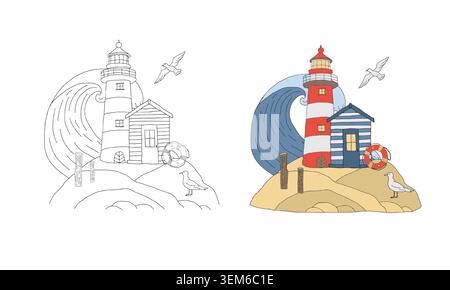 Lighthouse, sea wave, coastal house Nautical coloring page. Seagulls, lifebuoy on shore, ocean theme coloring book. Black and white printable outline Stock Vector