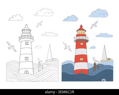 Lighthouse and sea ocean waves, ship, seagulls Nautical coloring page. Black and white printable outline vector graphic illustration with color Stock Vector