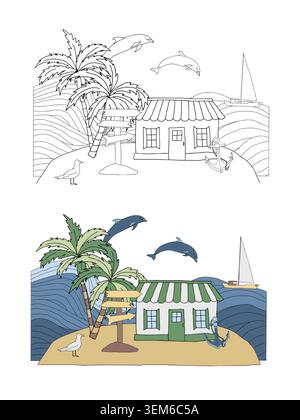 Coastal seascape with house, palm tree, dolphins nautical coloring page. Sea, sailboat, signpost, wave, seagull, anchor kids coloring book. Black Stock Vector