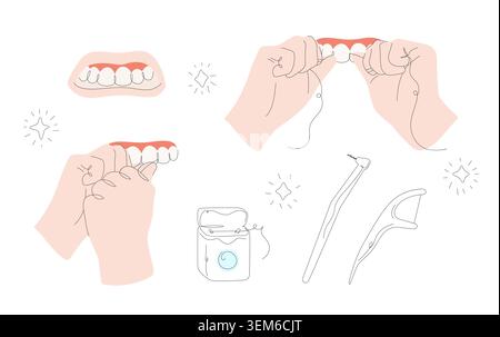 Dental hygiene with floss, set of icons, vector illustration Stock Vector