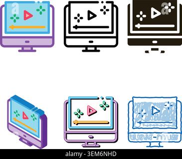 styleset video player computer screen icon vector outline Stock Vector