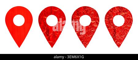 Set of red location map pin gps pointer markers made of crumpled paper isolated on white background Stock Photo