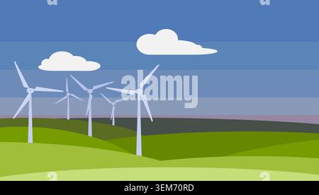 flat vector illustration of a wind farm on green hills with clouds and copy space, renewable energy and sustainability concept Stock Vector