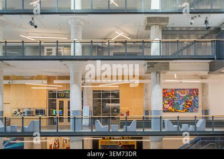 Memphis, United States, MAY 24, 2026 - View of the multi-story interior of the Crosstown Concourse featuring concrete pillars, metal railings, and a Stock Photo