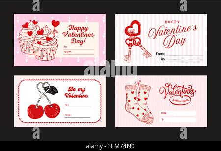 Whimsical Coquette Valentines Day Sketch Tag And Label Set With Cupcake, Heart Keys, Cherry And Cute Socks Doodle Collection Stock Vector