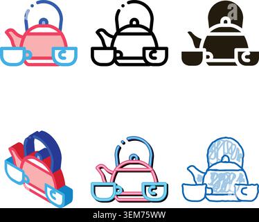 kettle set and two cups icon vector outline Stock Vector