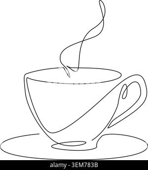 continuous line drawing of cup of steaming hot coffee or tea, line art vector illustration Stock Vector