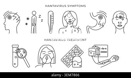 Hantavirus symptoms and treatment black line vector icon set, editable stroke. Outline monochrome sign collection, isolated symbols. Various linear pi Stock Vector