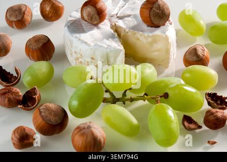 Camembert cheese, green grapes and hazelnuts. Still life. Close up front view. Stock Photo