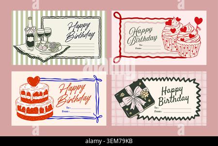 Birthday Hand Drawn Doodle Sketch Tag Set With Cupcake, Cake, Present, Gift Box And Coquette Whimsical Label Card Design Stock Vector