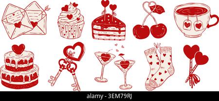 Valentines Day Love Whimsical Romantic Vector Doodle Sketch Ink Set Hand-Drawn Hearts, Cupcakes, Tea, Letters, Cake, Keys, Cherries, Socks, Drinks Collection Stock Vector