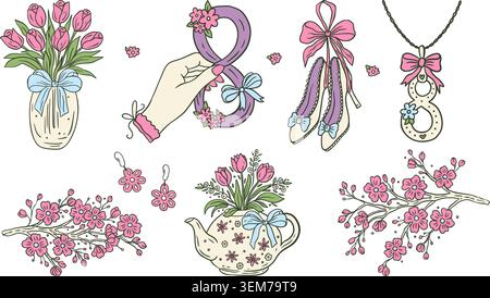 Spring Hand Drawn Doodle Whimsical Sketch Set 8 March Womens Day With Tulips, Sakura, Shoes, Necklace, Coquette Collection Stock Vector
