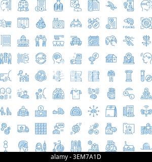Blue doodle line icons set representing diverse concepts Stock Vector