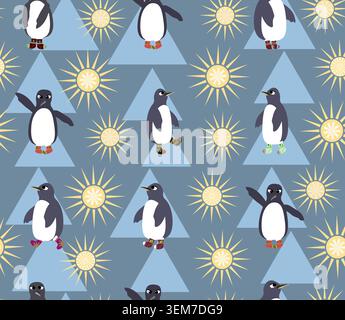 a seamless pattern with penguins in different poses and colorful socks on their flippers Stock Vector