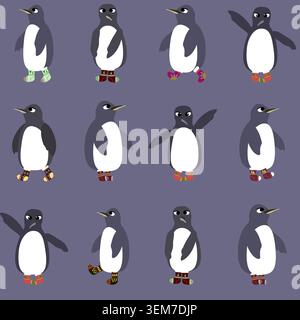 a seamless pattern with penguins in different poses and colorful socks on their flippers Stock Vector
