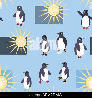 a seamless pattern with penguins in different poses and colorful socks on their flippers Stock Vector