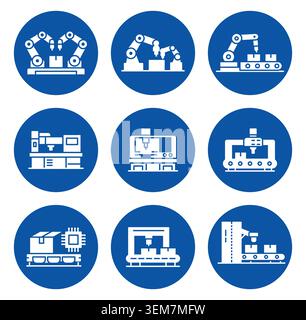 Collection of icons illustrating various aspects of industrial automation, including robotic arms and machinery, perfect for technology-themed project Stock Vector
