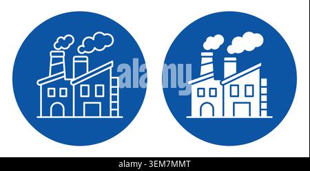 Simple industrial building icons featuring smoke and chimneys in blue circles. Perfect for representing manufacturing, urban settings, and environment Stock Vector