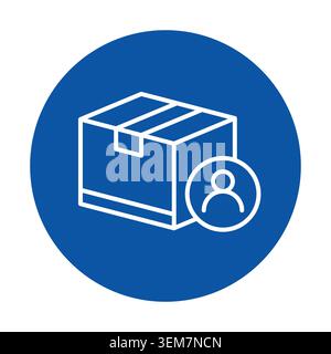 This graphic features a delivery box icon alongside a person symbol on a blue background. The minimal design represents shipping and logistics effecti Stock Vector