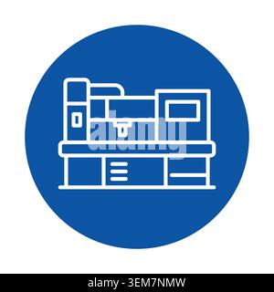 This minimalist illustration features a CNC machine inside a blue circle, symbolizing technology and precision in manufacturing and engineering enviro Stock Vector