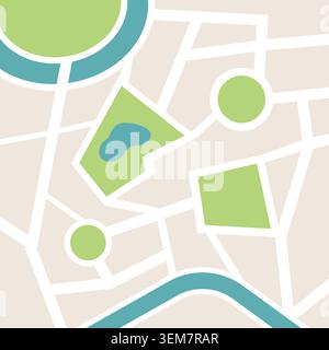 Minimal flat vector map featuring roads, green spaces, waterways, and urban planning elements, ideal for navigation, location services, and city explo Stock Vector