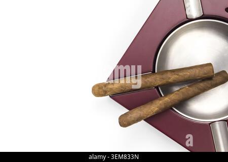 Cuban cigar in ashtray. View from above on white background. Top view Stock Photo