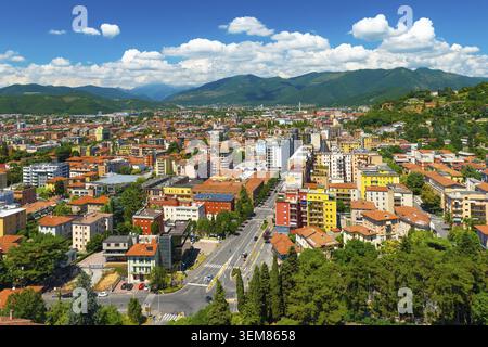 Brescia, Italy: Aerial panorama of the city. Beautiful summer landscape. Cityscape with colored houses Stock Photo