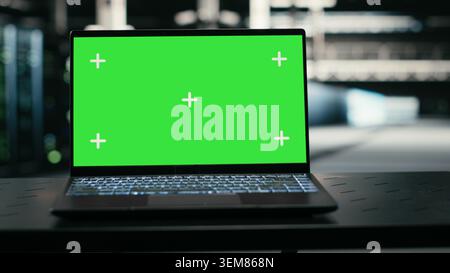 Isolated screen laptop in data center and augmented reality tech used to visualize hardware systems errors. Chroma key device in empty server room used to run diagnostics on wireframe mesh gear Stock Photo
