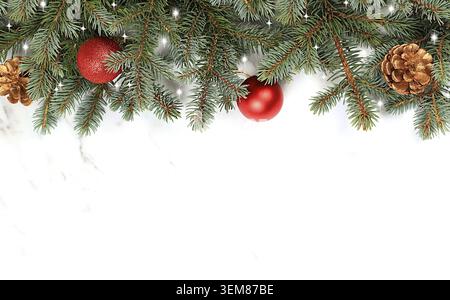 Christmas and New Year 2024 background with blue fir branches with holiday decorations and pine cones on a light marble table, banner for holiday scre Stock Photo