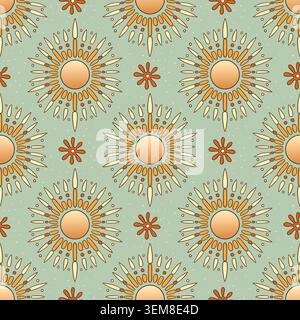 Vintage Boho Sun Seamless Pattern Ornamental Rays And Decorative Celestial Motif Gypsy Background Stock Vector