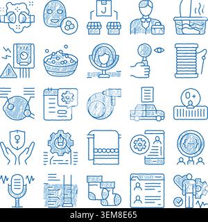 Blue sketch line drawing icons set vector Stock Vector