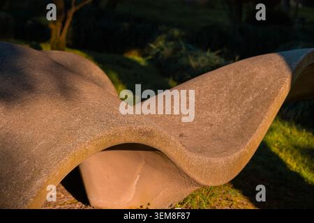 Abstract outdoor concrete bench featuring smooth flowing curves and organic sculptural geometry illuminated by warm evening sunlight. Modern landscape Stock Photo