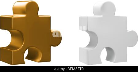 3D premium gold metal and white puzzle piece, isometric icon. Assemble jigsaw element for partner work and technology problem solving. Realistic Stock Vector