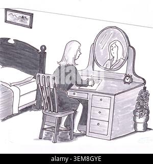 Woman sitting at bedroom desk with mirror writes a list of wants in a relationship and wonders if she’s good enough. Lady sits in chair in bedroom wri Stock Photo