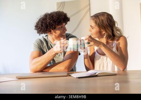 Diverse couple raising matching ceramic mugs, smiling and sharing laptop notebook on wooden table Stock Photo