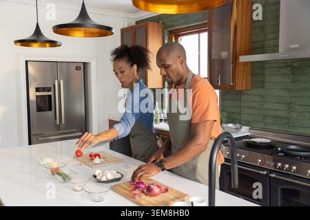 Diverse couple wearing aprons standing in home kitchen slicing red onion with chef's knife Stock Photo