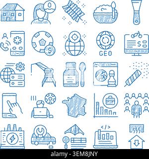 Business and technology doodle outline icons collection Stock Vector