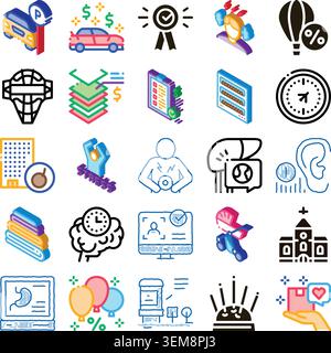 Collection of various isometric and doodle line icons Stock Vector