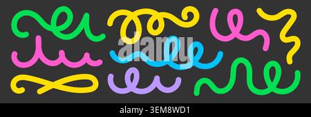 Line shape abstract confetti set. Hand drawn line abstract swirl shape with geometric squiggle curve pattern. Colorful celebration party carnival children fun graphic background. Vector illustration Stock Vector