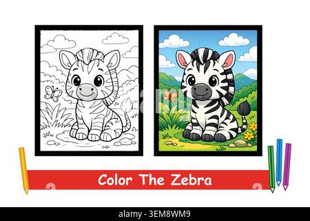 Adorable zebra coloring page with floral elements, ideal for preschool activities, creative learning, and kids coloring books. Stock Vector