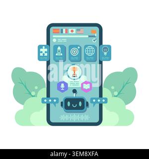 AI Language Learning App Dashboard With Chatbot Assistant. Artificial Intelligence Language Learning App Concept Stock Vector