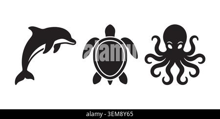 Black Silhouette Set of Dolphin, Turtle and Octopus Sea Creatures Stock Vector