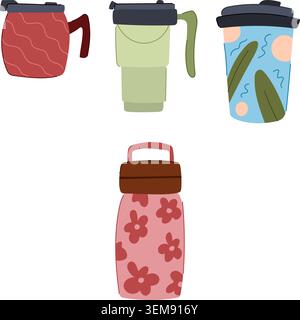 Reusable coffee cups and water bottle promoting sustainability Stock Vector
