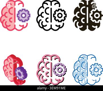 brain and mechanism stylized gear icon outline Stock Vector