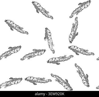 seamless pattern ginseng root dry sketch hand drawn Stock Vector