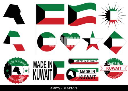Professional Kuwait vector collection featuring national flag variations, country map silhouette, tricolor flag elements and made in Kuwait badges. Stock Vector