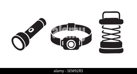 Black Silhouette Icon Set of Camping Flashlight and Lantern Stock Vector